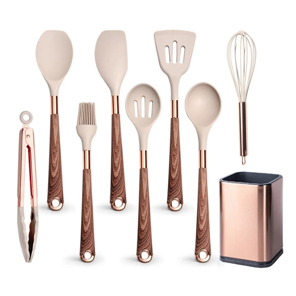 Silicone Cooking Utensils Set Non-Scratch Non-Stick Heat Resistant Spatula Spoon Rose Gold Handle With Bucket Kitchen Gift