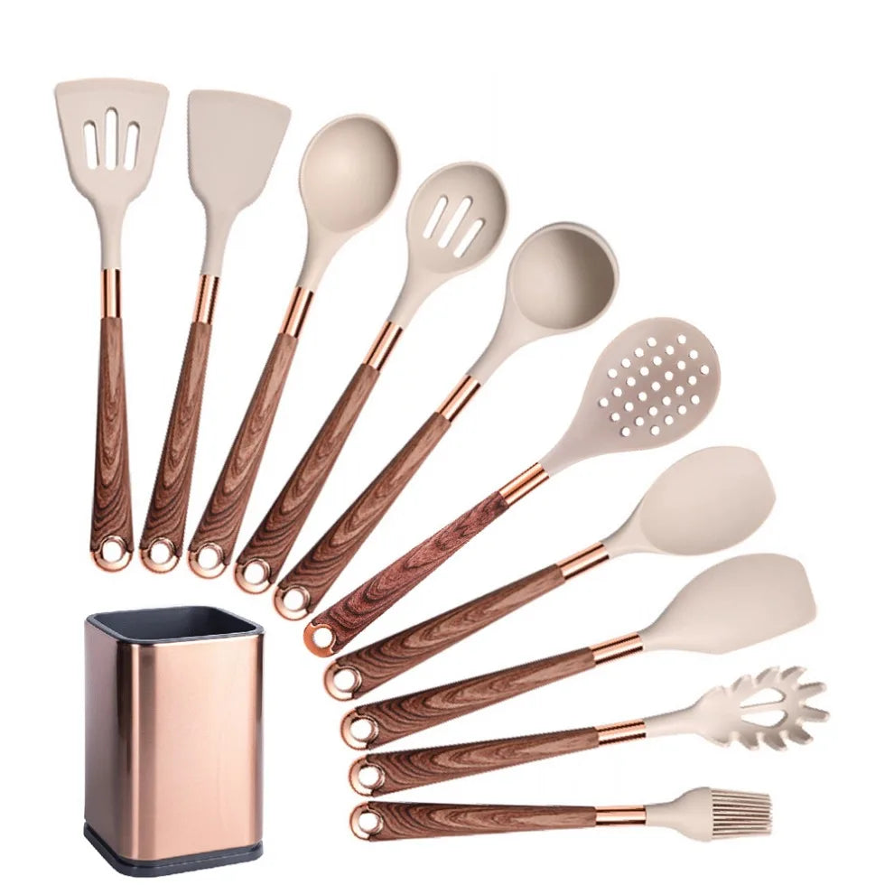 Silicone Cooking Utensils Set Non-Scratch Non-Stick Heat Resistant Spatula Spoon Rose Gold Handle With Bucket Kitchen Gift