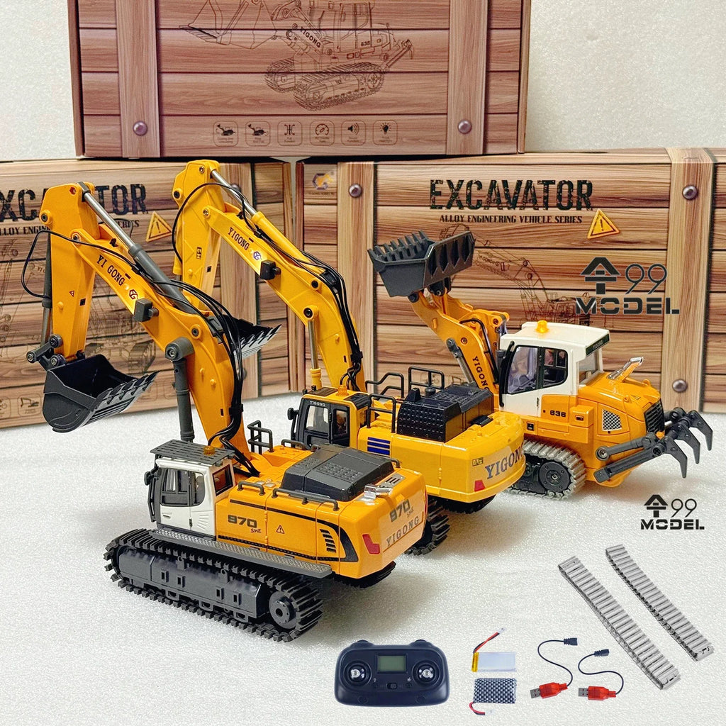 Mini RC Excavator Loader 1/50 970 520 Excavator 636 Loader Electric Simulation Model Metal Track Light Sound System RC Toy Gift