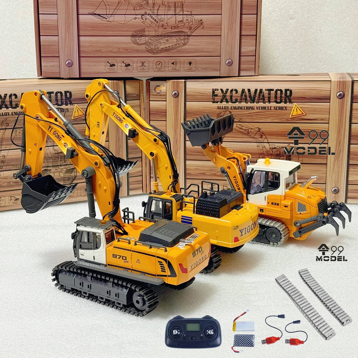 Mini RC Excavator Loader 1/50 970 520 Excavator 636 Loader Electric Simulation Model Metal Track Light Sound System RC Toy Gift