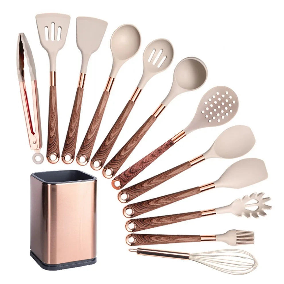 Silicone Cooking Utensils Set Non-Scratch Non-Stick Heat Resistant Spatula Spoon Rose Gold Handle With Bucket Kitchen Gift