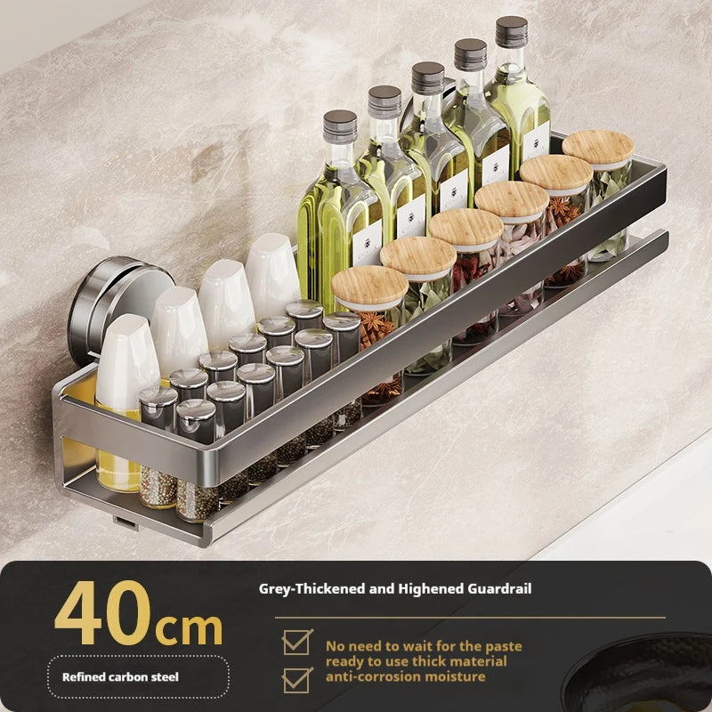 Wall-Mounted Suction Cup Kitchen Shelf Spice Storage Rack Seasoning Organizer No Drilling Kitchen Organizer Wall Shelf cocina