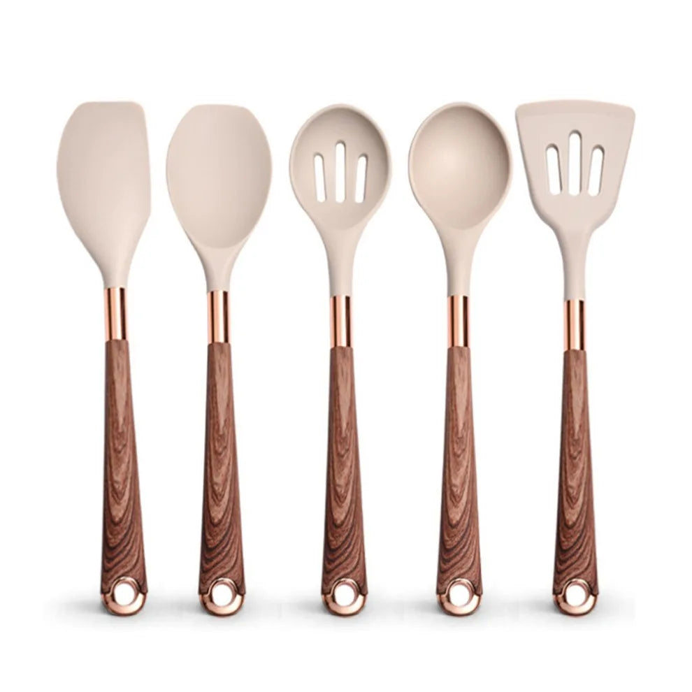 Silicone Cooking Utensils Set Non-Scratch Non-Stick Heat Resistant Spatula Spoon Rose Gold Handle With Bucket Kitchen Gift