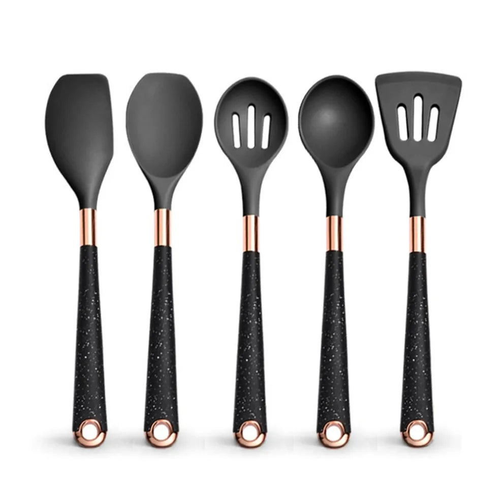 Silicone Cooking Utensils Set Non-Scratch Non-Stick Heat Resistant Spatula Spoon Rose Gold Handle With Bucket Kitchen Gift