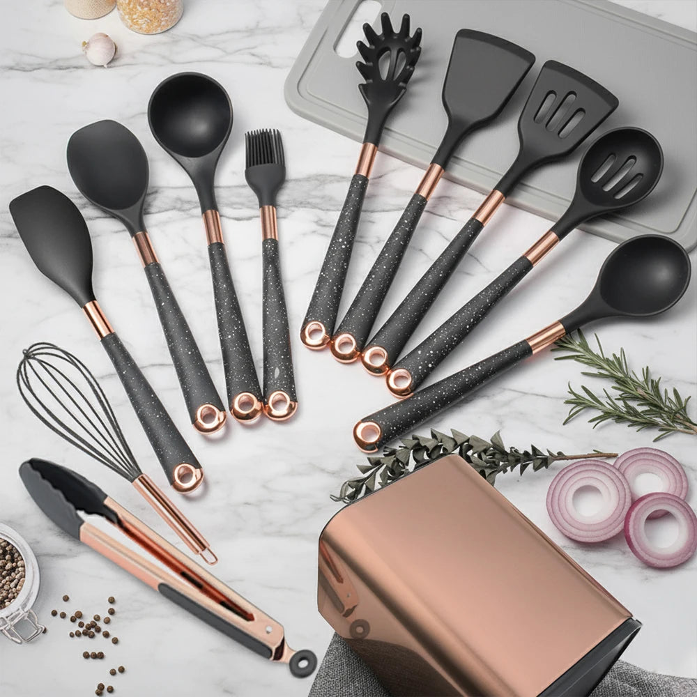 Silicone Cooking Utensils Set Non-Scratch Non-Stick Heat Resistant Spatula Spoon Rose Gold Handle With Bucket Kitchen Gift