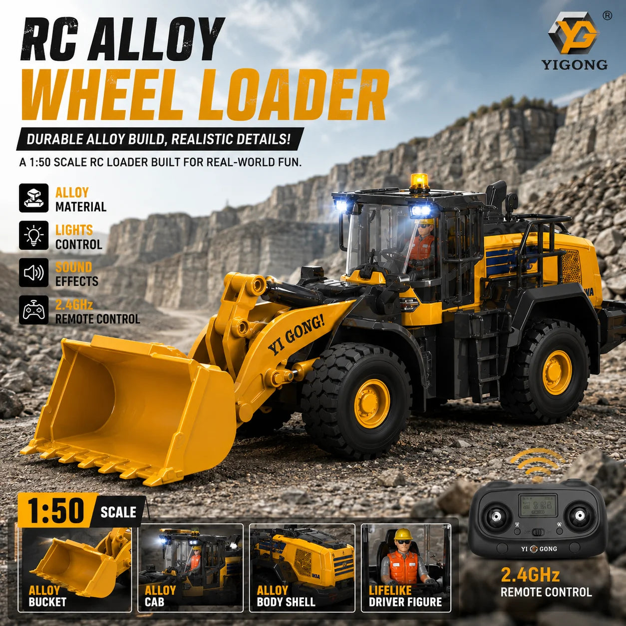1/50 YG970 YG636 YG520 T14R YG180 YG605 RC Excavator Loader Dump Truck Full-Aisle Alloy Simulation Engineering Vehicle Model Toy