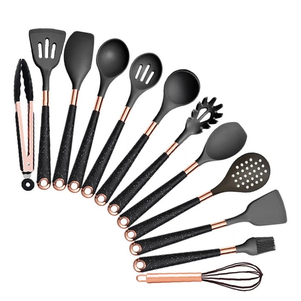 Silicone Cooking Utensils Set Non-Scratch Non-Stick Heat Resistant Spatula Spoon Rose Gold Handle With Bucket Kitchen Gift