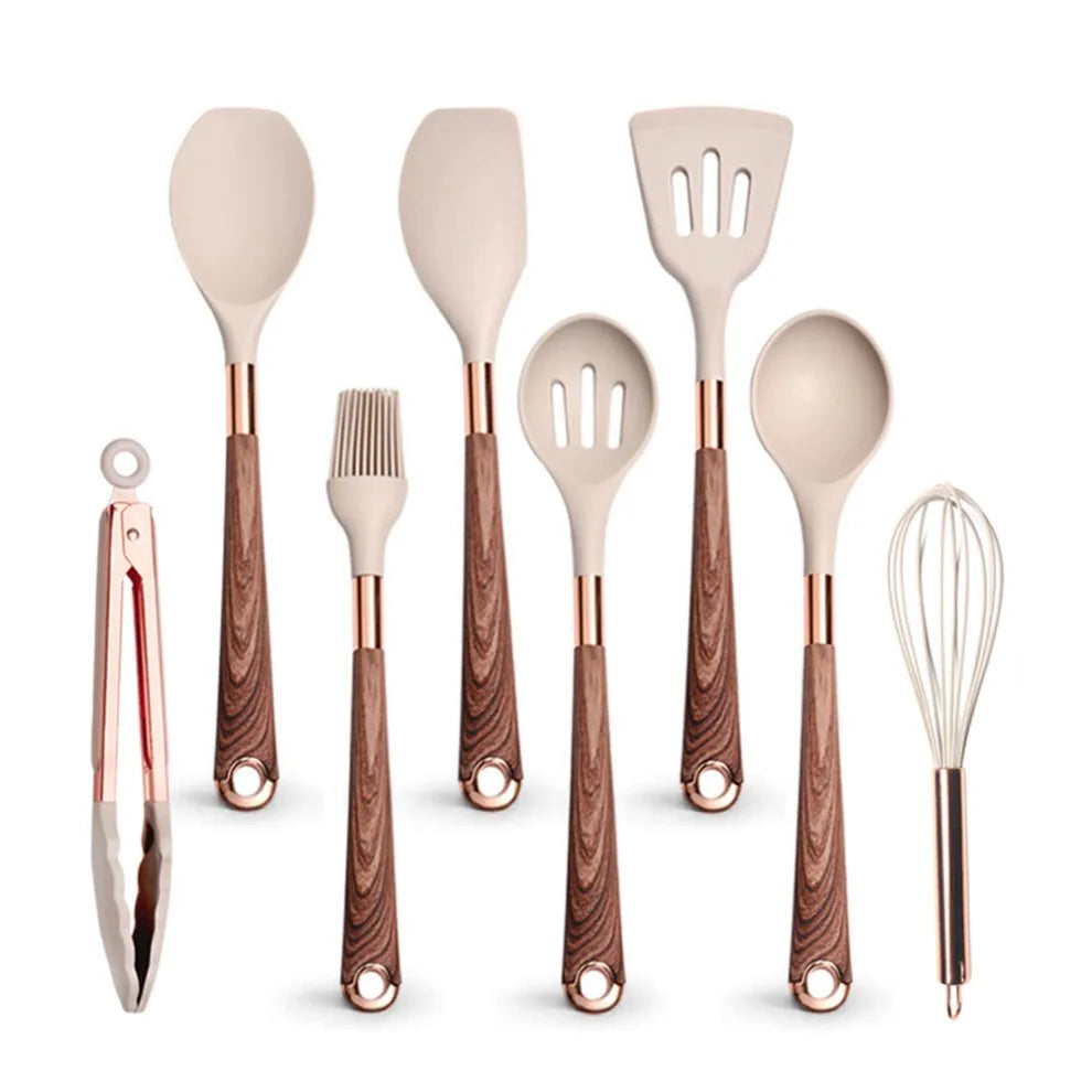Silicone Cooking Utensils Set Non-Scratch Non-Stick Heat Resistant Spatula Spoon Rose Gold Handle With Bucket Kitchen Gift