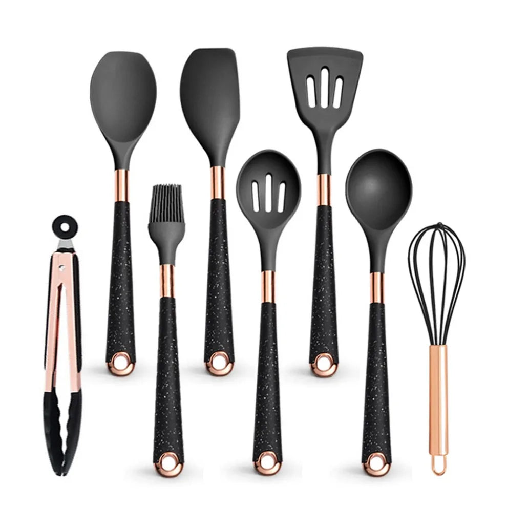 Silicone Cooking Utensils Set Non-Scratch Non-Stick Heat Resistant Spatula Spoon Rose Gold Handle With Bucket Kitchen Gift