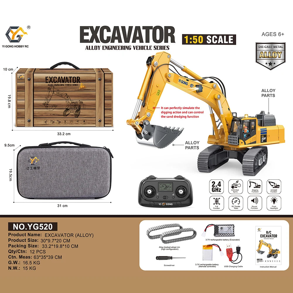 1/50 YG970 YG636 YG520 T14R YG180 YG605 RC Excavator Loader Dump Truck Full-Aisle Alloy Simulation Engineering Vehicle Model Toy
