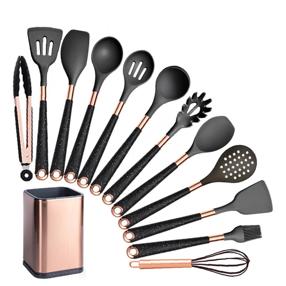 Silicone Cooking Utensils Set Non-Scratch Non-Stick Heat Resistant Spatula Spoon Rose Gold Handle With Bucket Kitchen Gift