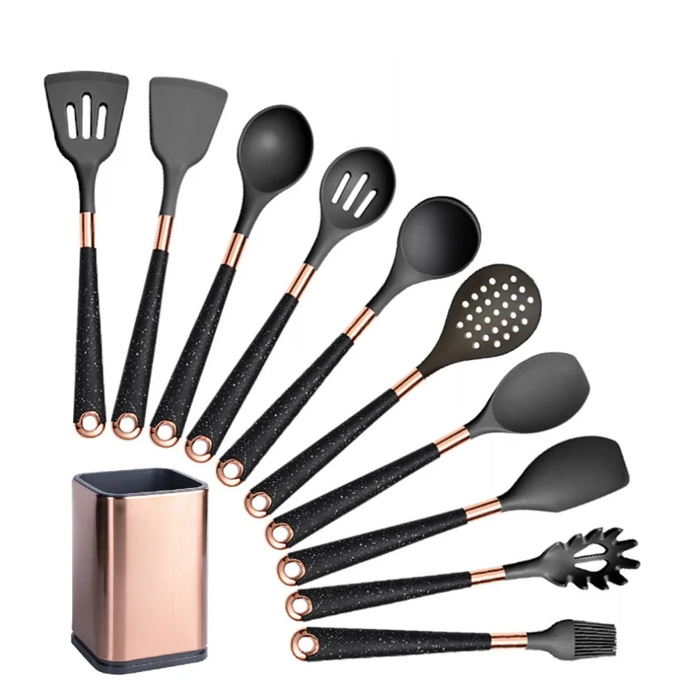 Silicone Cooking Utensils Set Non-Scratch Non-Stick Heat Resistant Spatula Spoon Rose Gold Handle With Bucket Kitchen Gift