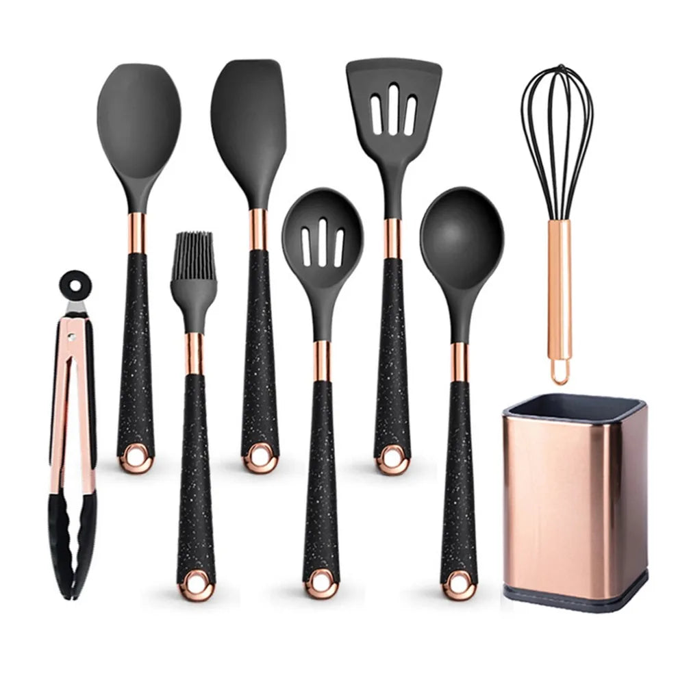 Silicone Cooking Utensils Set Non-Scratch Non-Stick Heat Resistant Spatula Spoon Rose Gold Handle With Bucket Kitchen Gift