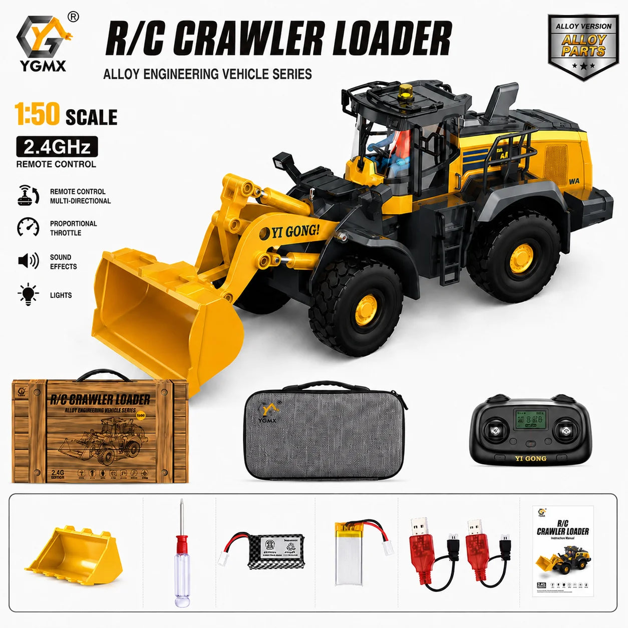 1/50 YG970 YG636 YG520 T14R YG180 YG605 RC Excavator Loader Dump Truck Full-Aisle Alloy Simulation Engineering Vehicle Model Toy