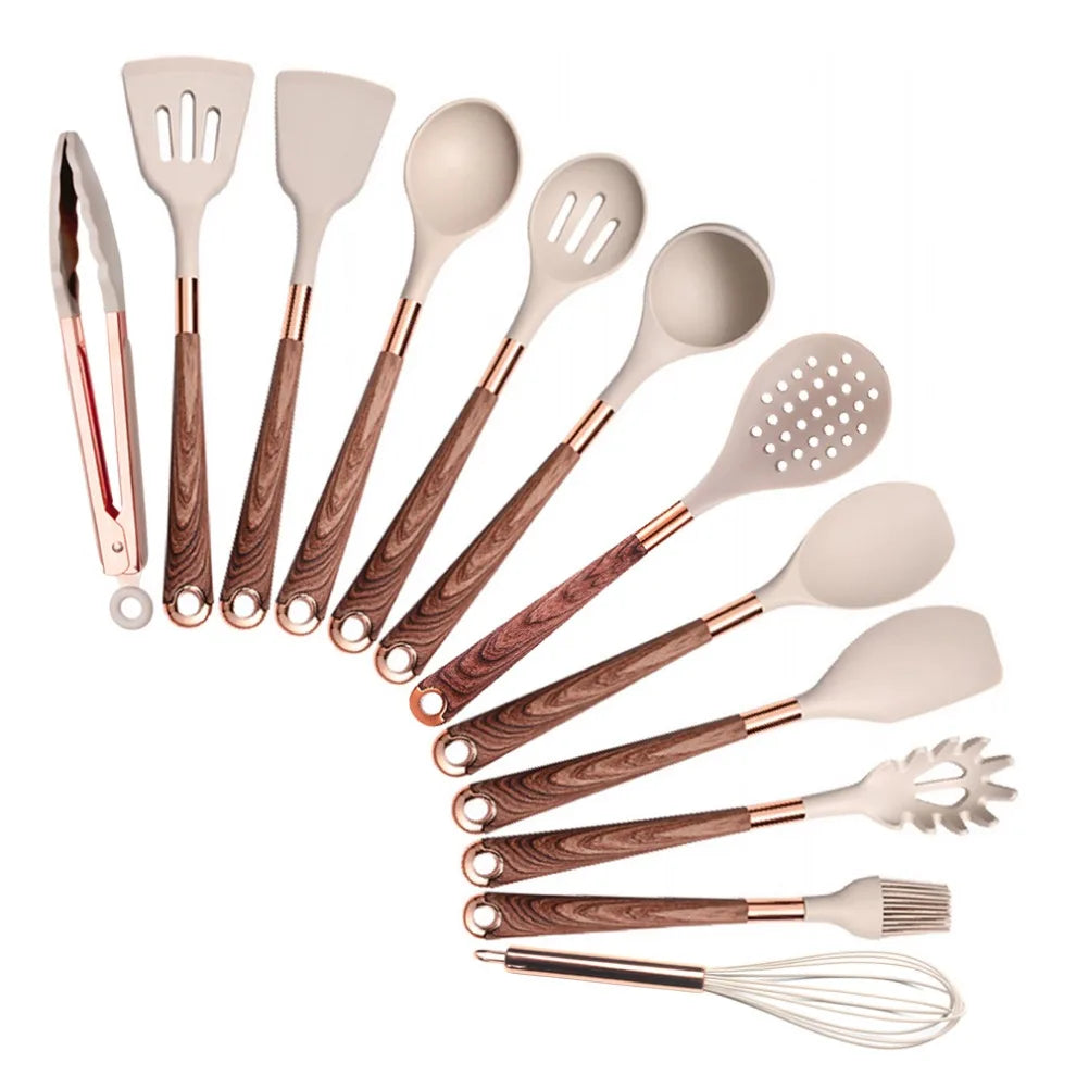 Silicone Cooking Utensils Set Non-Scratch Non-Stick Heat Resistant Spatula Spoon Rose Gold Handle With Bucket Kitchen Gift