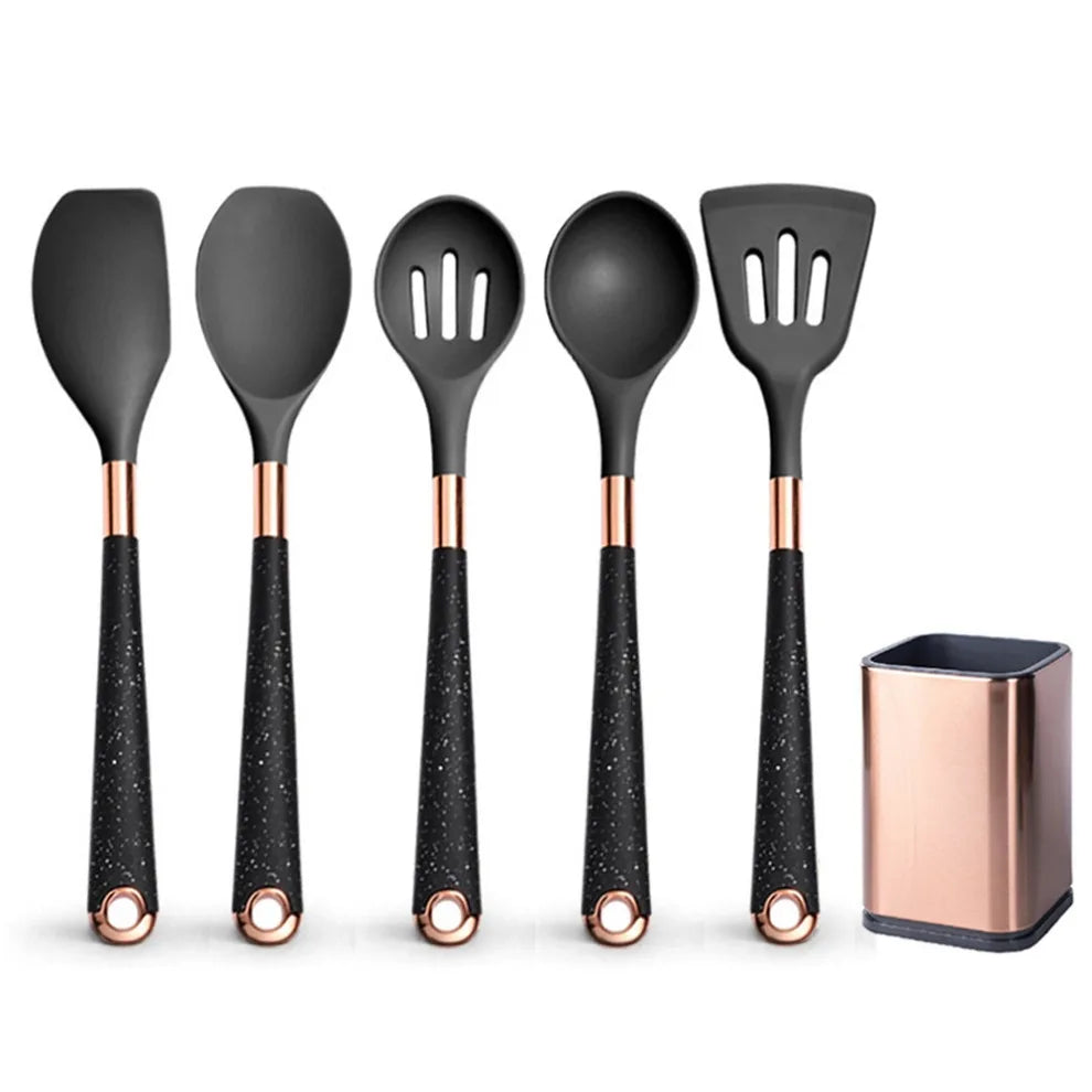 Silicone Cooking Utensils Set Non-Scratch Non-Stick Heat Resistant Spatula Spoon Rose Gold Handle With Bucket Kitchen Gift