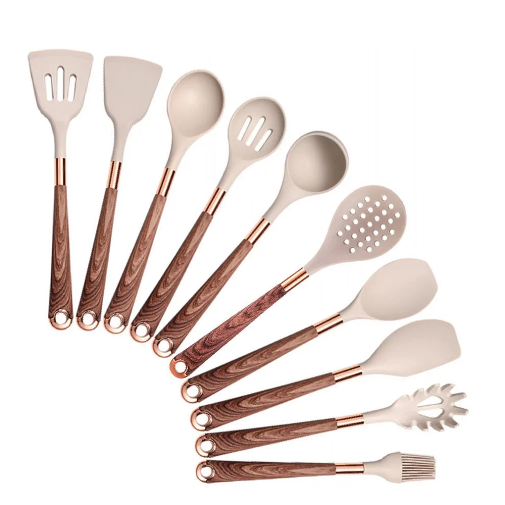 Silicone Cooking Utensils Set Non-Scratch Non-Stick Heat Resistant Spatula Spoon Rose Gold Handle With Bucket Kitchen Gift