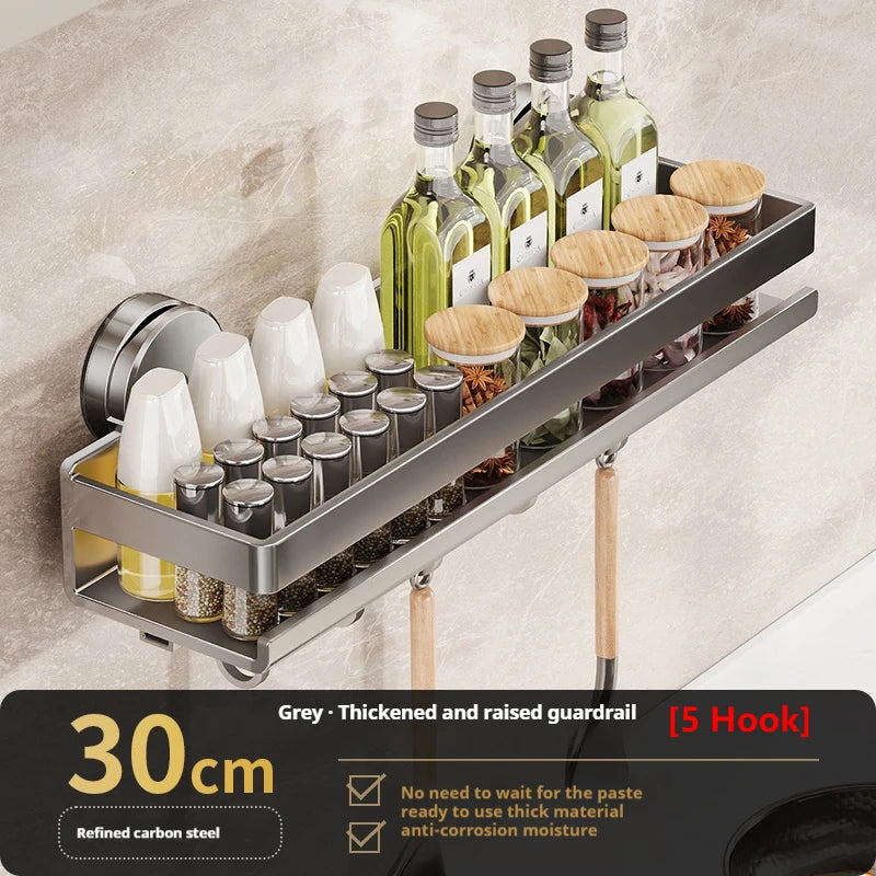 Wall-Mounted Suction Cup Kitchen Shelf Spice Storage Rack Seasoning Organizer No Drilling Kitchen Organizer Wall Shelf cocina