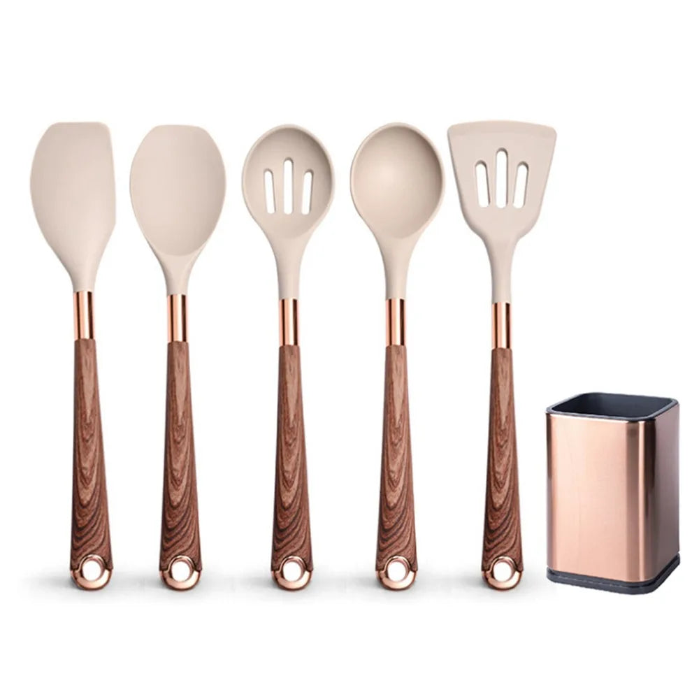 Silicone Cooking Utensils Set Non-Scratch Non-Stick Heat Resistant Spatula Spoon Rose Gold Handle With Bucket Kitchen Gift