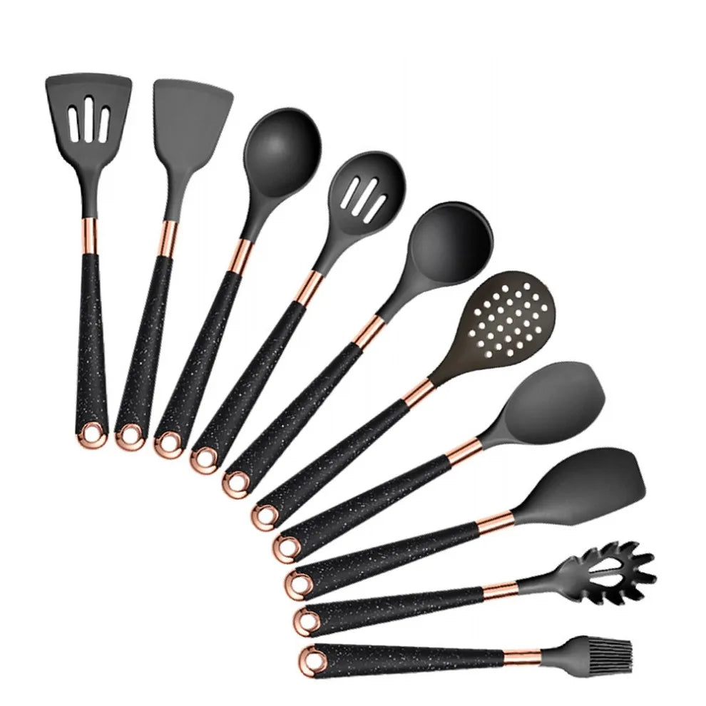 Silicone Cooking Utensils Set Non-Scratch Non-Stick Heat Resistant Spatula Spoon Rose Gold Handle With Bucket Kitchen Gift