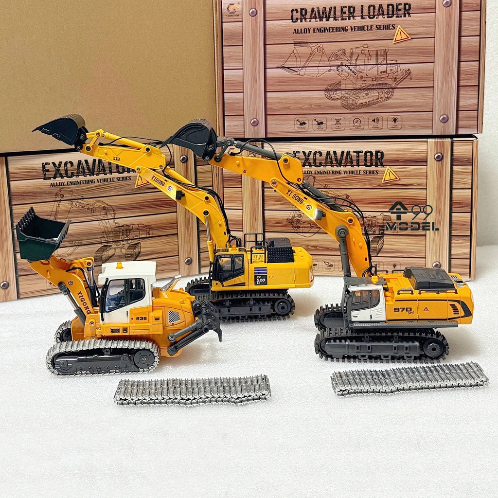 Mini RC Excavator Loader 1/50 970 520 Excavator 636 Loader Electric Simulation Model Metal Track Light Sound System RC Toy Gift