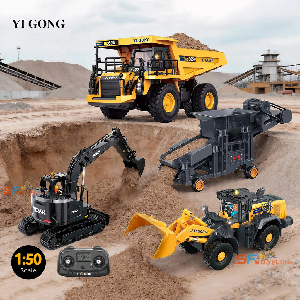 Yi Gong 1/50 Mini Remote Control Model Loader Excavator Mining Truck Sand Screener Road Roller Engineering Vehicle Toys Hobbies