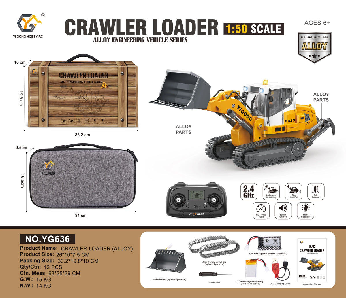 1:50 YG636 Rc Engineering Vehicle 1:50 Scale Alloy Excavator Crawler Loader Dump Truck 2.4ghz Simulation Construction Model Toy