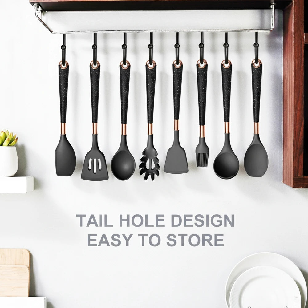 Silicone Cooking Utensils Set Non-Scratch Non-Stick Heat Resistant Spatula Spoon Rose Gold Handle With Bucket Kitchen Gift