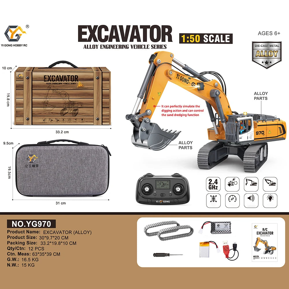 1/50 YG970 YG636 YG520 T14R YG180 YG605 RC Excavator Loader Dump Truck Full-Aisle Alloy Simulation Engineering Vehicle Model Toy