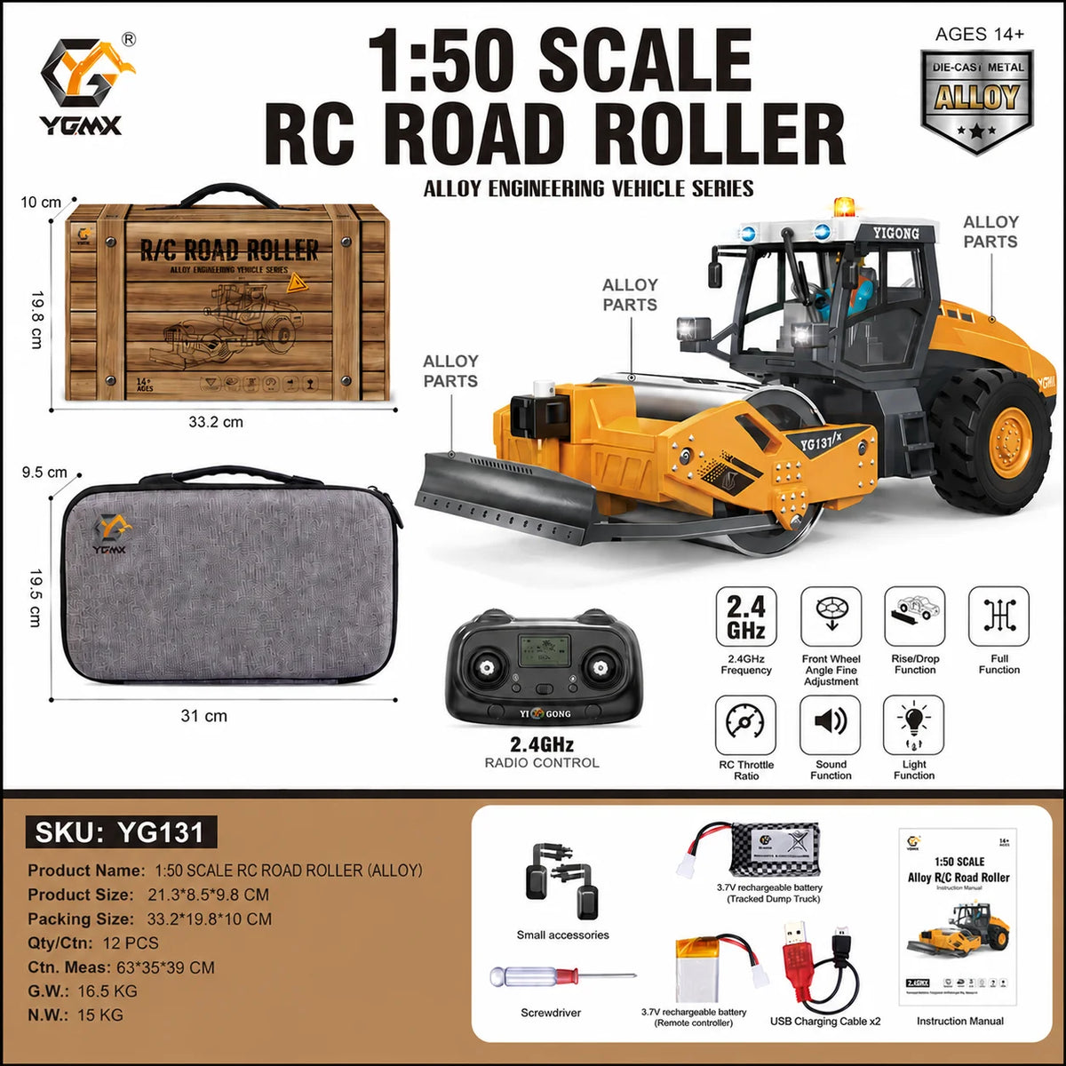 1/50 YG970 YG636 YG520 T14R YG180 YG605 RC Excavator Loader Dump Truck Full-Aisle Alloy Simulation Engineering Vehicle Model Toy
