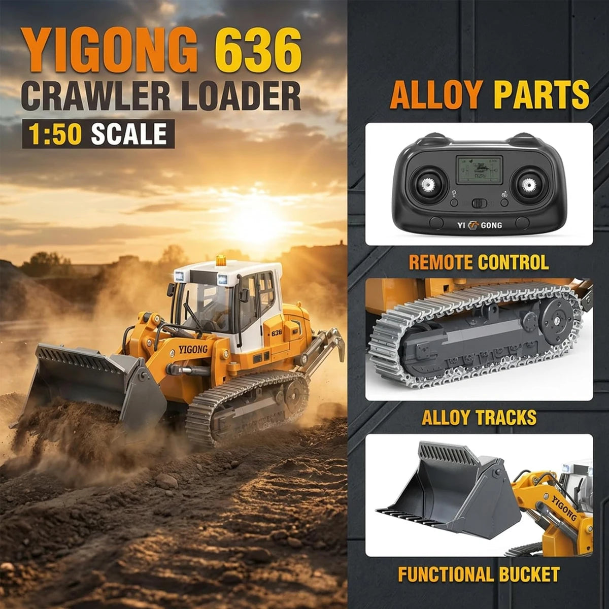 1:50 YG636 Rc Engineering Vehicle 1:50 Scale Alloy Excavator Crawler Loader Dump Truck 2.4ghz Simulation Construction Model Toy