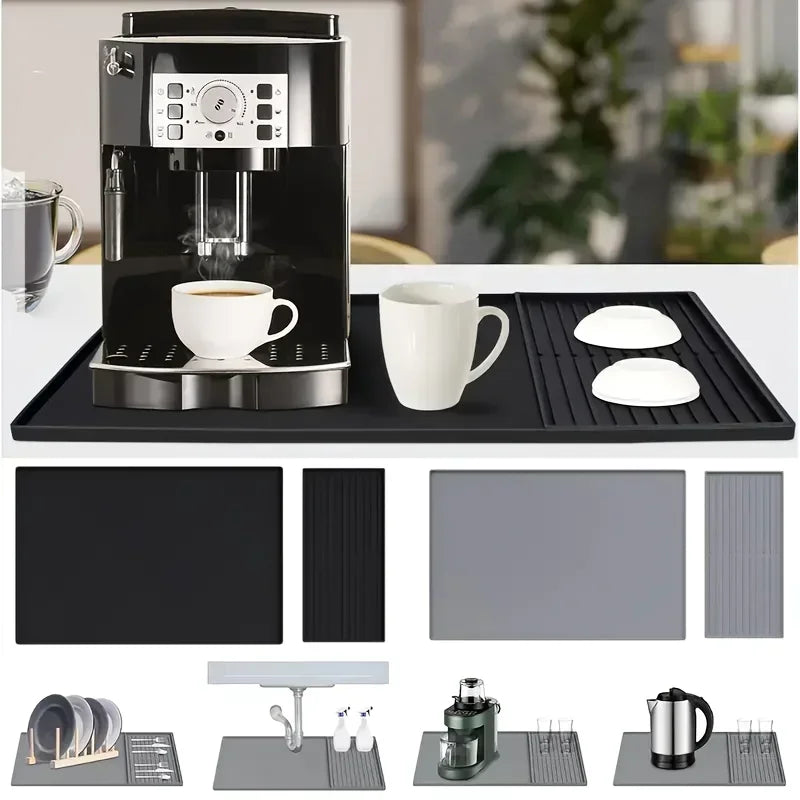 2-in-1 Silicone Coffee Bar Mat - XX-Large Non-Slip Counter Protector (60x40cm) Heat Resistant for Espresso/Cafe/Home Kitchen