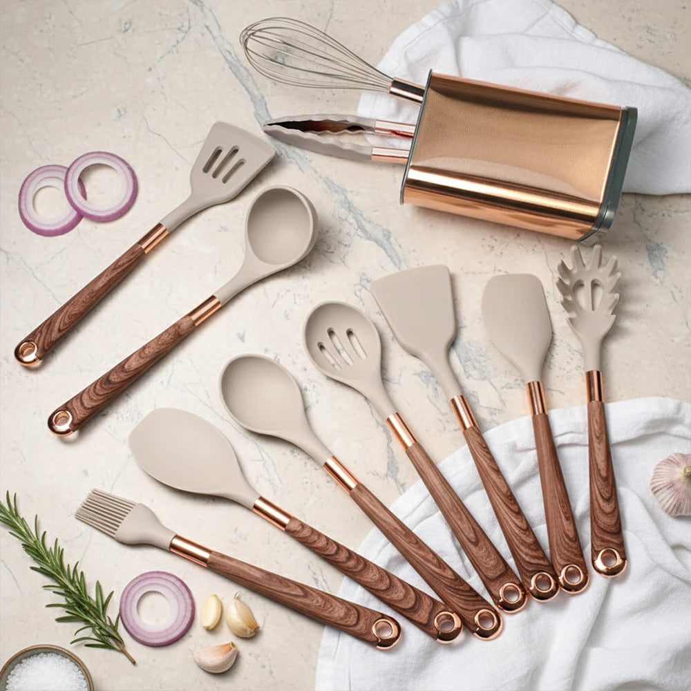 Silicone Cooking Utensils Set Non-Scratch Non-Stick Heat Resistant Spatula Spoon Rose Gold Handle With Bucket Kitchen Gift